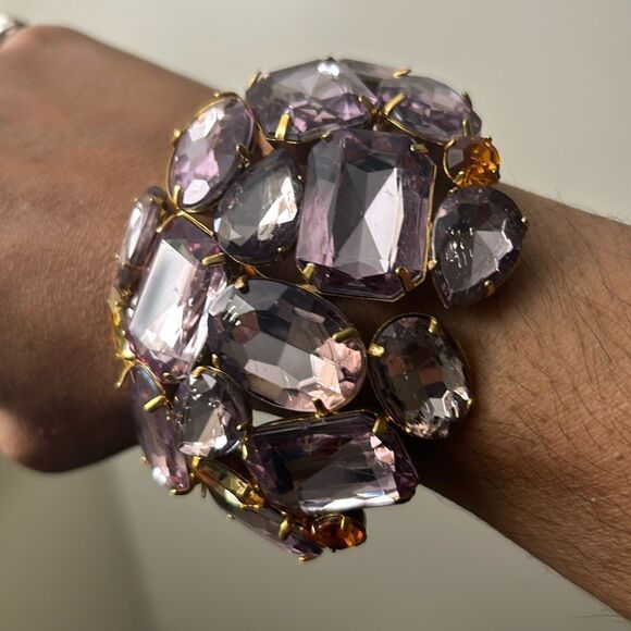 Purple Acrylic Stones Hinged Bangle Bracelet Statement Jeweled